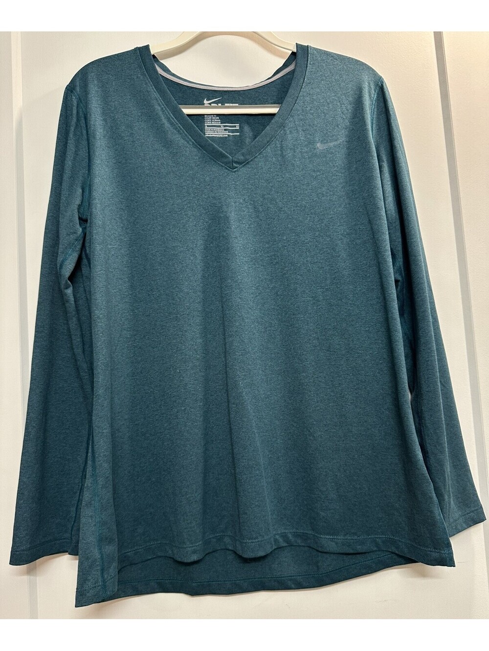 NIKE Dri-Fit Women’s Heather Teal V Neck Long Sleeve XL Sport Running Shirt